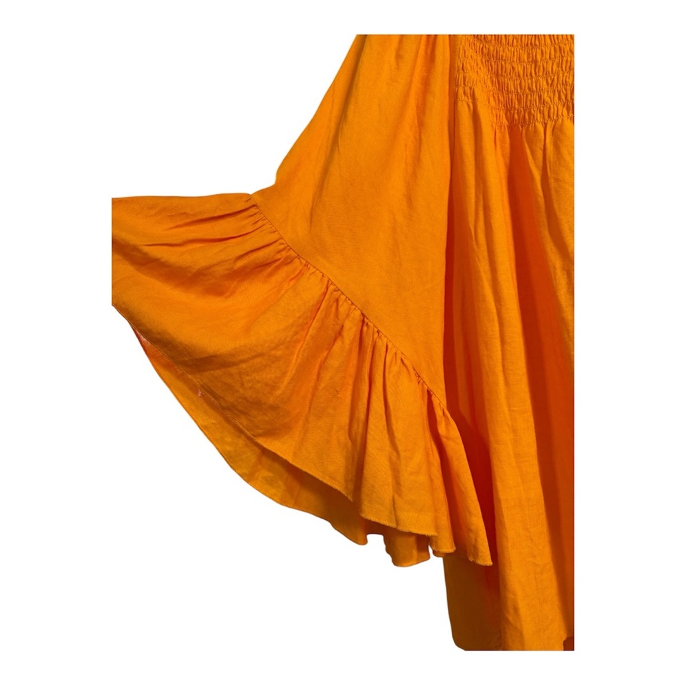 Orange Linen Rayon Smocked Peasant Blouse - XL - Bell Ruffle Sleeves Boho - Picture 4 of 8